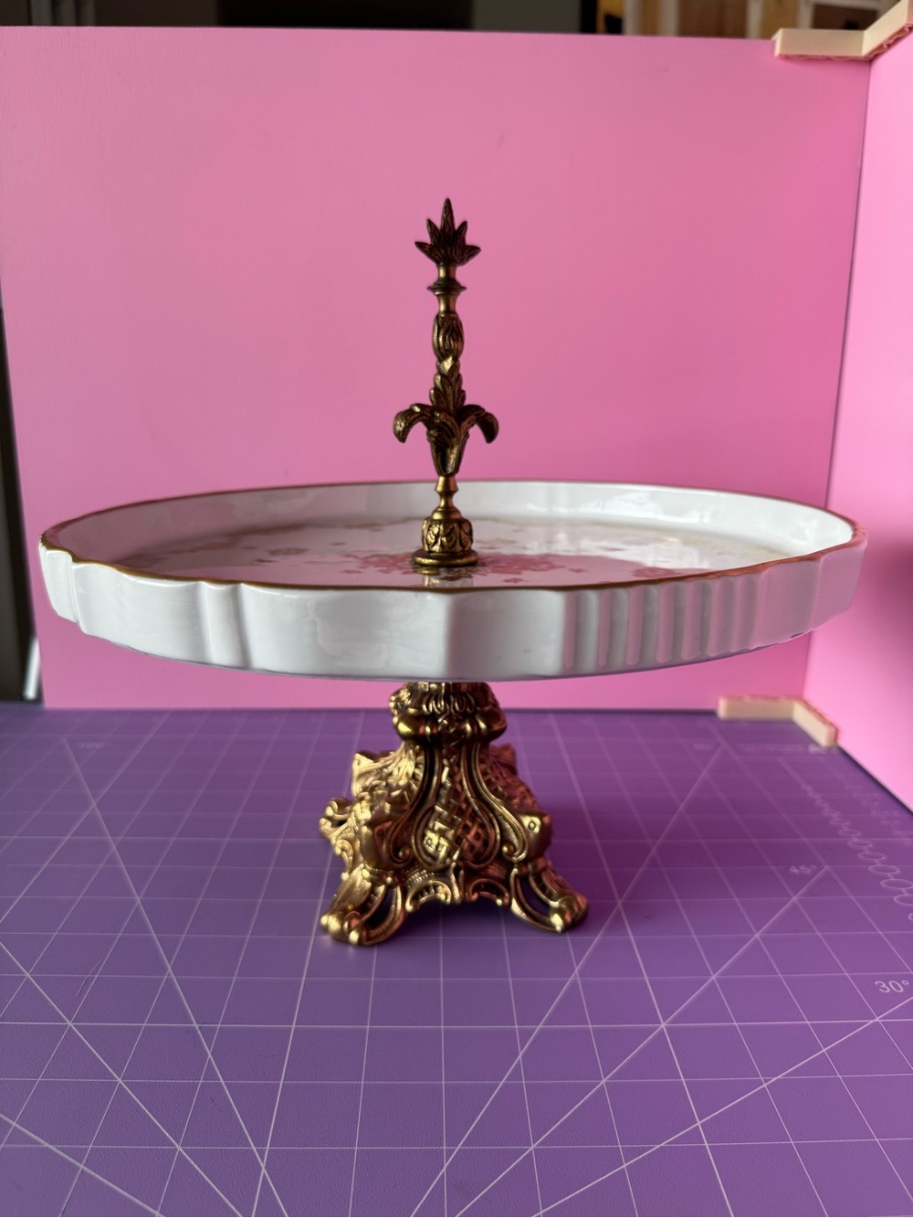 Porcelaine de France Ornate Gold and White pedestal serving Stand
